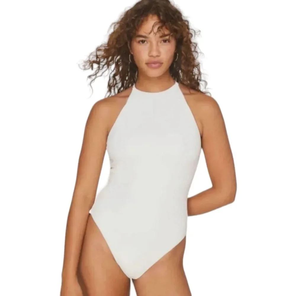 Andie‎ Swim 19B NWT Asbury Rib One Piece Swimsuit High Neck Coconut White Large